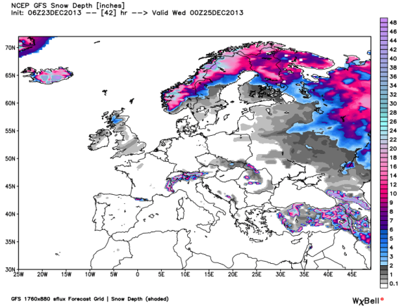 Potential snow depth on Christmas Day via the GFS model across Europe. (just a forecast and might not be right) Image Credit: Weatherbell