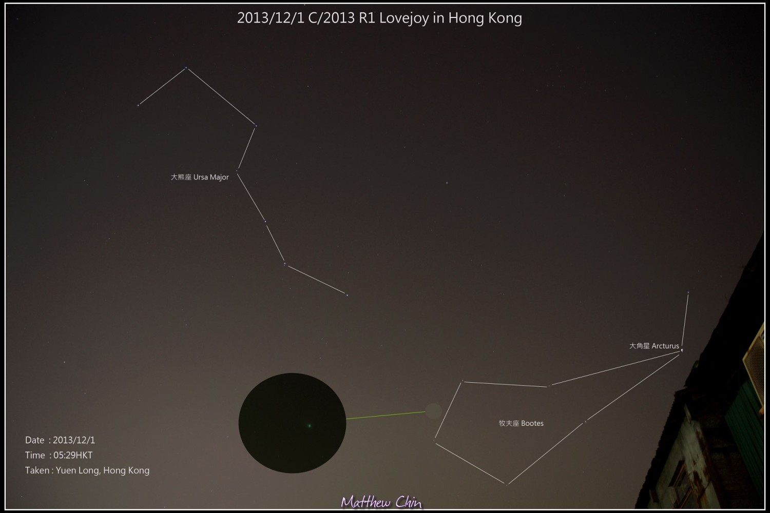 View larger. | Here is Comet Lovejoy on the morning of December 1, 2013 as captured by EarthSky Facebook friend Matthew Chin in Hong Kong. Thanks, Matthew! The comet was seen at this location on the sky's dome from around the entire Earth on December 1. 