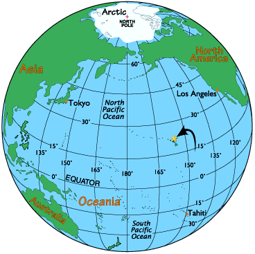 Globe showing Pacific Ocean with arrow to location of Hawaii.