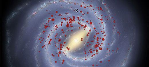 Astronomers say their study of massive stars in our Milky Way galaxy suggests the galaxy has four spiral arms. Can you trace four arms in the red dots here, which represent those stars? Me neither, but astronomers say this study confirms four Milky Way arms. We'll see if other astronomers agree. Image via University of Leeds.