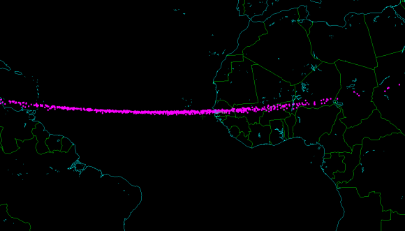 Map of the possible impact points of 2014 AA, produced by astronomer Bill Gray. The asteroid could have impacted Earth's atmosphere anywhere along this line. Most likely landing place is off the west coast of Africa, in the Atlantic Ocean.