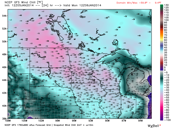 Wind chill temperatures (what it feels like) Monday morning across Canada and the Northern Plains. Image Credit: GFS model via Weatherbell