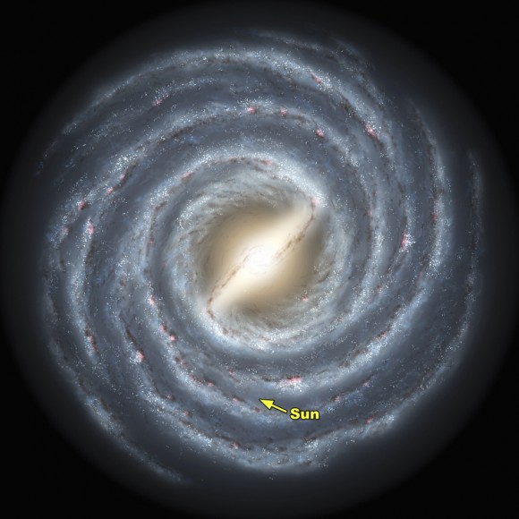 Our sun is located about two-thirds of the way out from the center of the Milky Way.  Illustration via Caltech.