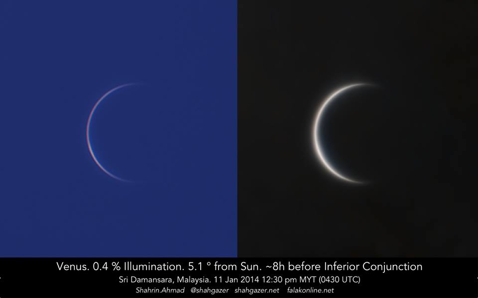 2 images side-by-side of the extremely thin crescent Venus close to conjunction.