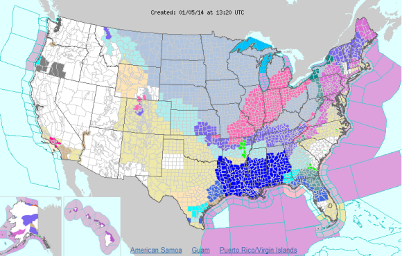 The Eastern Half of the United States is covered up in winter advisories, watches, and warnings on January 5, 2014. Image Credit: NOAA