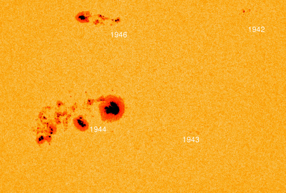 You would think that the January 7 X-flare would have come from monster sunspot AR1944. But, apparently, it didn't. In fact, the January 7, 2014, X1.2-class flare emanated from an area closer to AR1943. Image via NASA/SDO. 