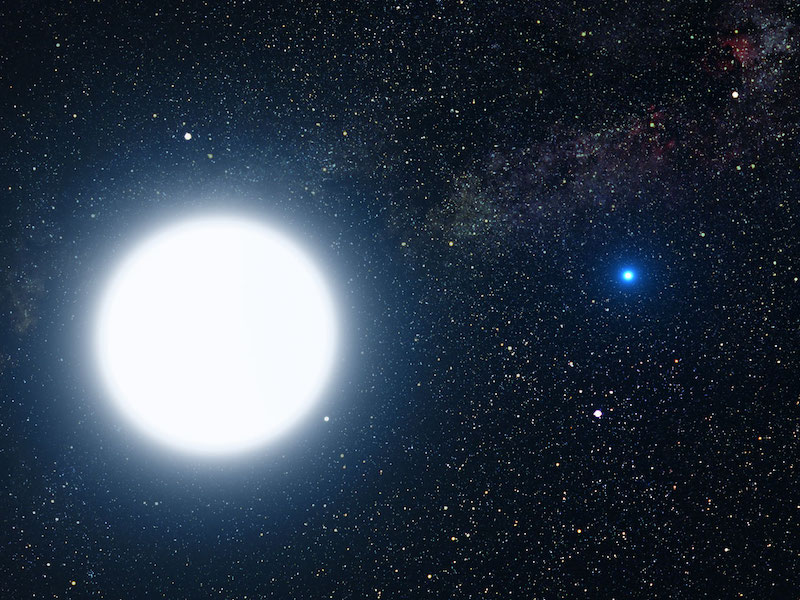 Large white star to the left, tiny blue star to the right, against a star-strewn background.