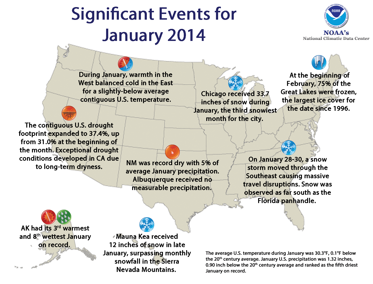 View larger. | January 2014 overview via NOAA's National Climatic Data Center.