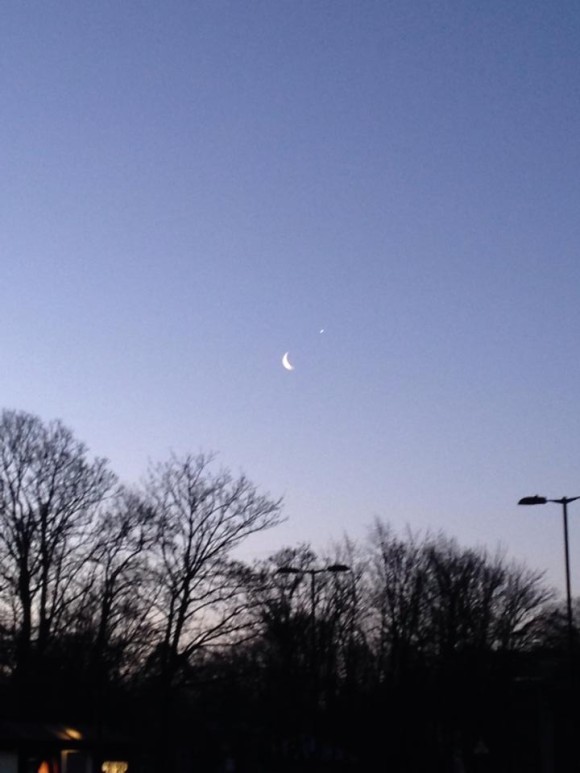 Liz Hawkins Romsey in the U.K. caught Venus and the moon on February 26, just as the dawn was breaking.