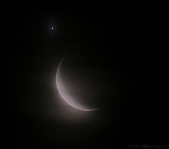 A telescope revealed both the moon and Venus on February 26 to be in a crescent phase.  Photo by our friend Kat Baker in northern Italy.