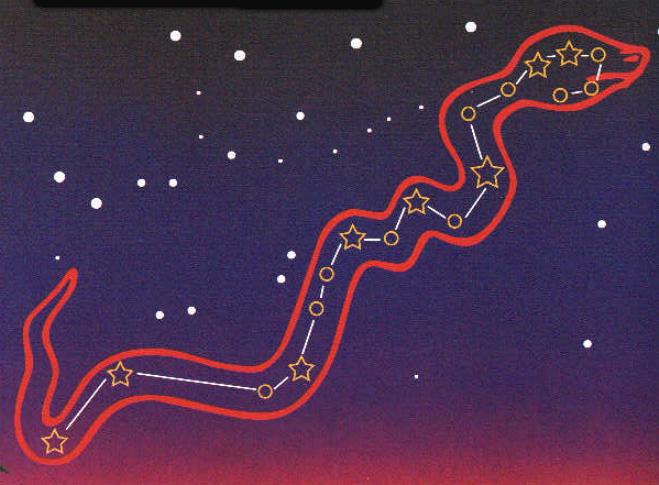 Constellation Hydra outlined with heavy red line drawing a snake.