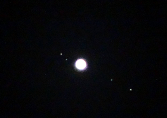 View Larger. Photo of Jupiter's moons by Carl Galloway. Thank you Carl! The four major moons of Jupiter - Io, Europa, Ganymede and Callisto - are easily seen through a low-powered telescope. Click here for a chart of Jupiter's moons