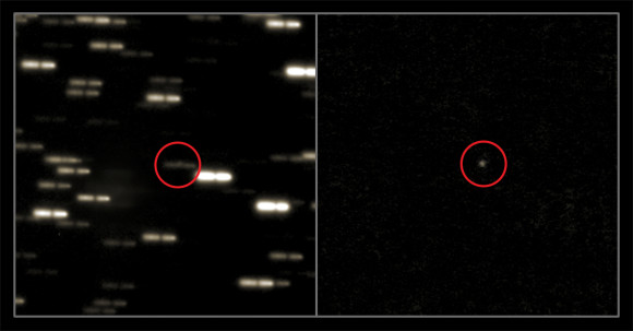 Comet 67P/Churyumov-Gerasimenko as observed on February 28th, 2014, with the Very Large Telescope. Left: In order to make the comet visible, the scientists superposed several exposures. The images were shifted to compensate for the comet's motion. The stars appear as broadly smudged lines. Right: Subtracting the starry background reveals the comet. Image credit: MPS/ESO