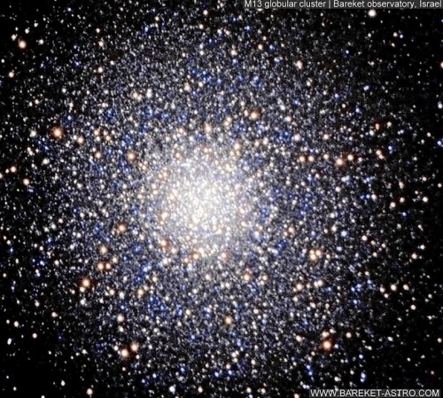 M13, aka the Great Cluster in Hercules.  This object is a globular star cluster, oneof our galaxy's oldest inhabitants.  Photo via Bareket Observatory in Israel, via CelestronImages.