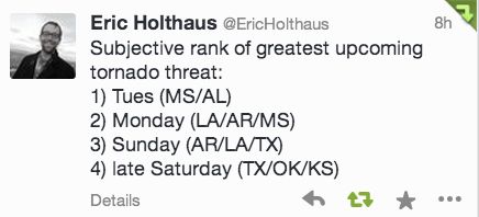 Meteorologist Eric Holthaus tweeted his own admittedly subjective thoughts on where the tornado threat might go over the coming days.