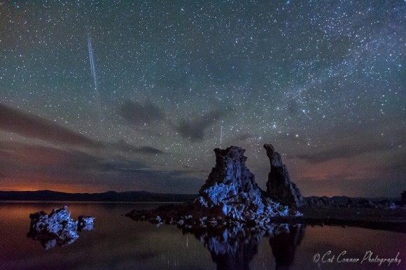 Cat Connor caught some meteors over Mono Lake in California.