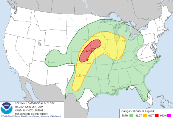 Severe weather outlook for Sunday, May 11, 2014. Anyone in the yellow or red areas are under the gun for severe weather including tornadoes, hail, and damaging winds. Image Credit: Storm Prediction Center