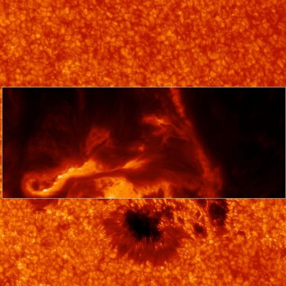 This image is in three parts.  The dark central image shows the flare, overlain on the sunspot from which the flare emerged.  Image via Lucia Kleint (BAER Institute)/Paul Higgins (Trinity College Dublin, Ireland) 