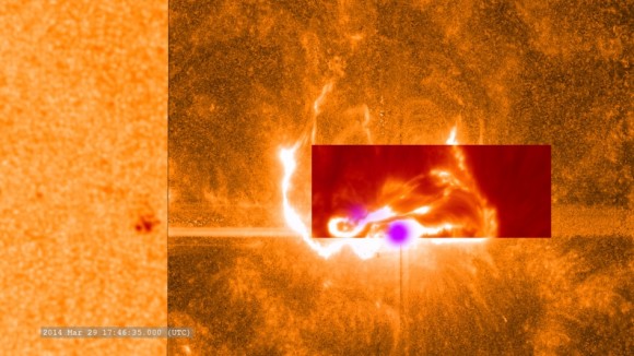 Composite of data sources capturing the flare: NASA SDO (bottom/left), IRIS (darker orange square), Dunn Solar Telescope (red rectangle), RHESSI (violet spots). Image via NASA 