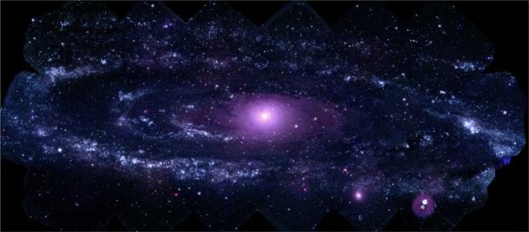 The Andromeda galaxy, aka M31, as seen by the orbiting Swift Gamma-Ray Burst Mission in ultraviolet and optical light. Image via NASA/Swift/Stefan Immler/Erin Grand