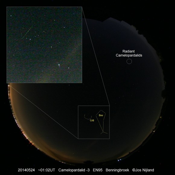 This all sky image from Europe last night may show a Camelopardalid.  Via cosmos4u on Twitter.