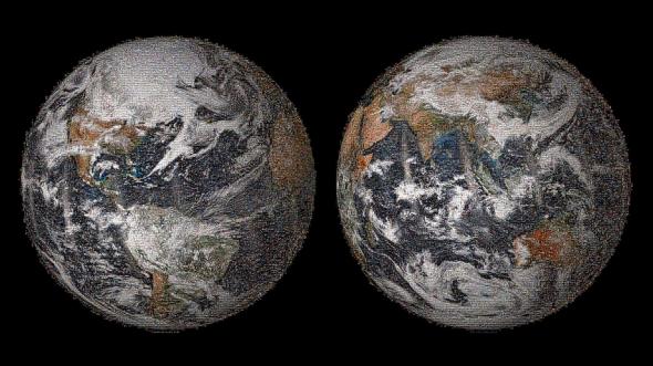 Two sides of Earth from space - Western Hemisphere and Eastern Hemisphere - slightly pixelated.