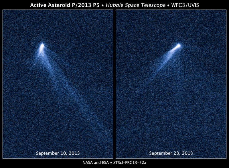 2 images of a small, bright object with 6 wispy straight tails.