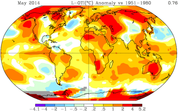 Departure from average temperatures during May, 2014, via NASA Goddard Institute for Space Studies. 