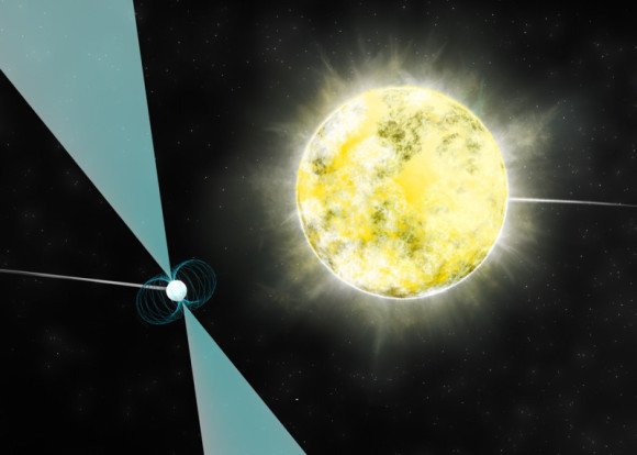 Artist impression of a white dwarf star in orbit with pulsar PSR J2222-0137. It may be the coolest and dimmest white dwarf ever identified. Image credit: B. Saxton (NRAO/AUI/NSF)