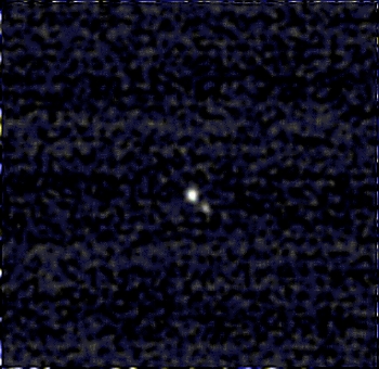 An enlarged crop of the July 21, 2014 image of Pluto and Charon, from New Horizons.