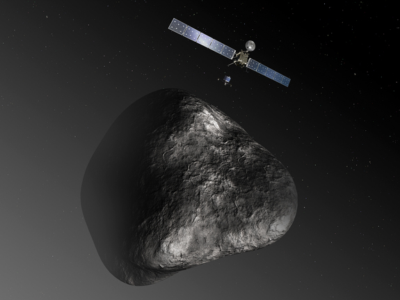 Artist's impression of the Rosetta orbiter deploying its Philae lander to comet 67P/Churyumov–Gerasimenko in November, 2014.  Image via ESA–C. Carreau/ATG medialab.