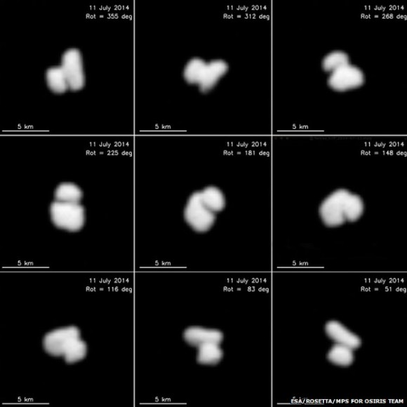 The Rosetta probe has acquired sensational new images of Comet 67P/Churyumov-Gerasimenko, which it is now chasing through space, destined for an historic touchdown on the comet on November 11, 2014. The pictures show that the comet appears have a double nucleus or core. It is what scientists call a 
