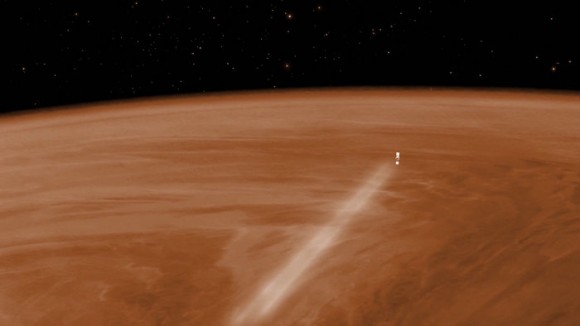 Visualisation of Venus Express during the aerobraking maneuver, which lasted from which lasted from June 18 to July 11.   During this time, the spacecraft was orbiting above Venus' thick atmosphere at an altitude of around 130 km (about 80 miles). 