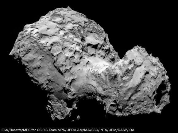 Comet 67P/Churyumov–Gerasimenko, imaged by the Rosetta spacecraft on Monday, August 4, 2014. This is the nucleus of the comet.  It is 3.5 by 4 kilometers in size.   It's seen here at a distance of 234 kilometers / 145 miles by the Rosetta Mission OSIRIS camera.  Credits: ESA/Rosetta 