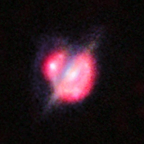 A collision that took place between two galaxies when the universe was only half its current age. This picture combines the views from the Hubble Space Telescope and the Keck-II telescope on Hawaii (using adaptive optics) along with the ALMA images shown in red. Image credit: ESO, ALMA (NRAO/ESO/NAOJ); W.M. Keck Observatory; NASA/ESA