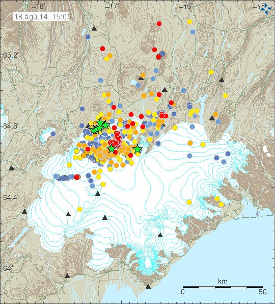 Detail of earthquake activity on Monday, August 18 with detail of glacier.