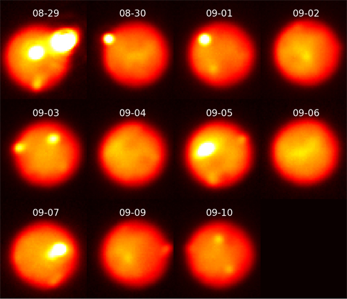 Images of Io taken in the near-infrared with adaptive optics at the Gemini North telescope tracking the evolution of the eruption as it decreased in intensity over 12 days. Due to Io’s rapid rotation, a different area of the surface is viewed on each night; the outburst is visible with diminishing brightness on August 29 & 30 and September 1, 3, & 10. Image credit: Katherine de Kleer/UC Berkeley/Gemini Observatory/AURA