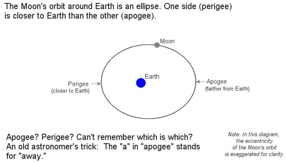 Image credit: NASA. The moon's orbit is closer to being a circle than the diagram suggests, but the exaggeration helps to clarify. The moon is closest to Earth in its orbit at perigee and farthest away at apogee. When the full moon aligns with perigee, as it does on November 14, 2016, then it's a perigee full moon.