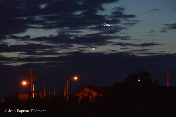 View larger. | Venus and Jupiter on August 16, 2014 as captured by Jean-Baptiste Feldmann in France.