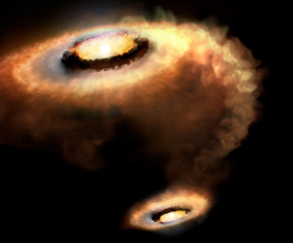 Artist impression of the T Tauri star AS 205 N and its companion. New ALMA data suggest that the disk around the star may be expelling gas via a wind. Credit: P. Marenfeld (NOAO/AURA/NSF)