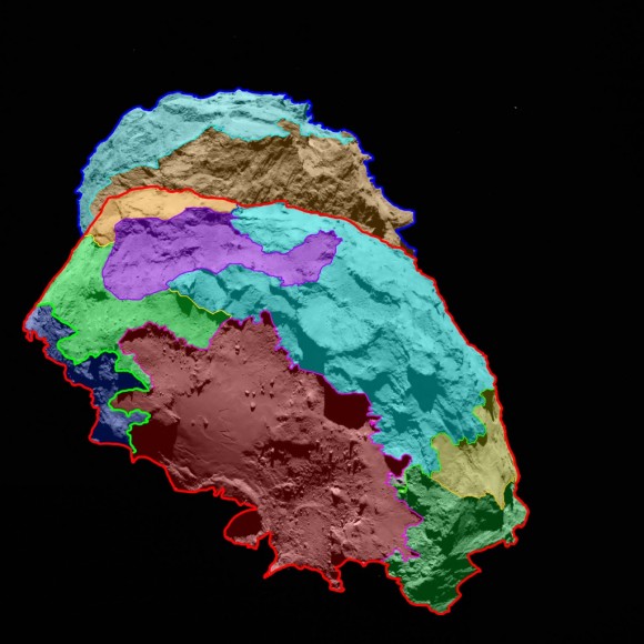 Several morphologically different regions are indicated in this preliminary map, which is oriented with the comet’s ‘body’ in the foreground and the ‘head’ in the background.  Image via ESA/Rosetta/MPS for OSIRIS Team MPS/UPD/LAM/IAA/SSO/INTA/UPM/DASP/IDA 