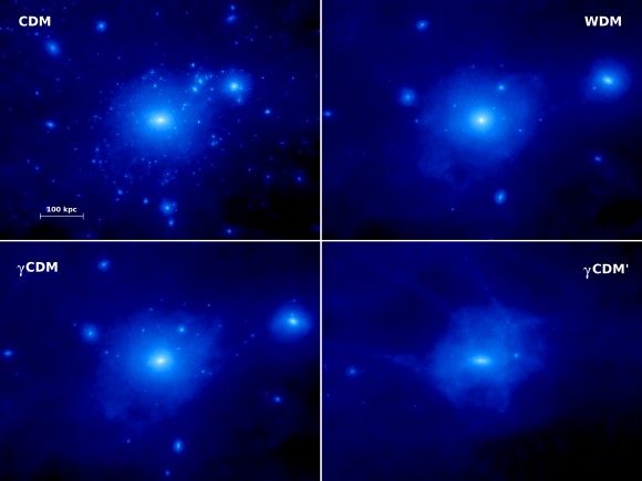 Simulated distribution of dark matter in a galaxy like our Milky Way.  Top left: standard, non-interacting dark matter.  Top right: warm dark matter.  Bottom: the new dark matter model that interacts with the photon background. Smaller structures are erased up to the point where, in the most extreme model (bottom right), the galaxy is completely sterilized.  Image via Durham University. 