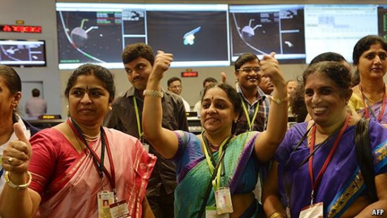 Indian scientists celebration the success orbit insertion of the Mars Orbiter Mission (MOM).  Image via Twitter.