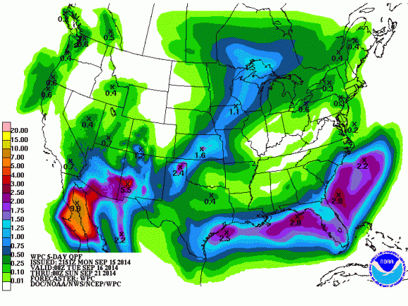 Possible rainfall totals over the next five days. Image Credit: Weather Prediction Center