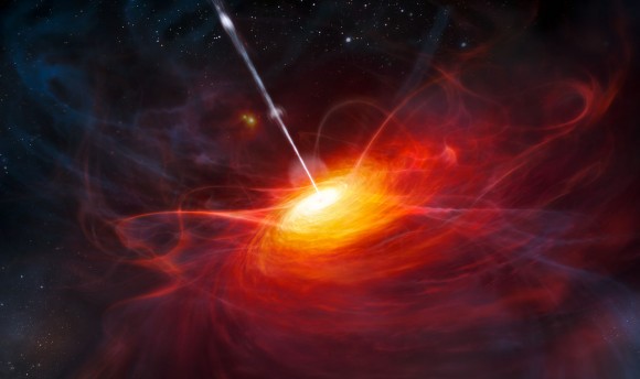 This is an artist's concept of a quasar: a supermasive black hole at the center of a faraway galaxy.  Image via European Southern Observatory