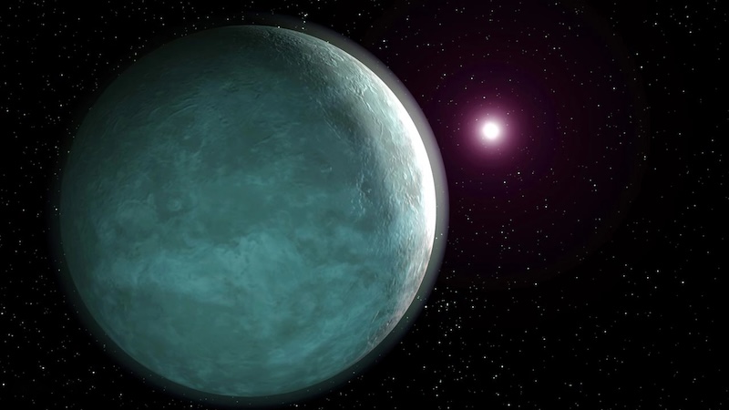 Rocky planet with thin whitish clouds. Its bright star is in the distance.