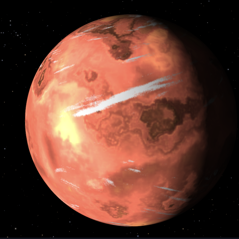 Reddish rocky planet with a long, pencil-like cloud.