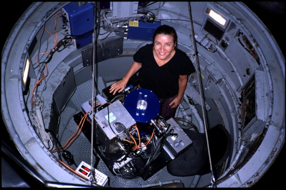 Deborah Byrd inside the observer's cage at the Palomar 200-inch telescope