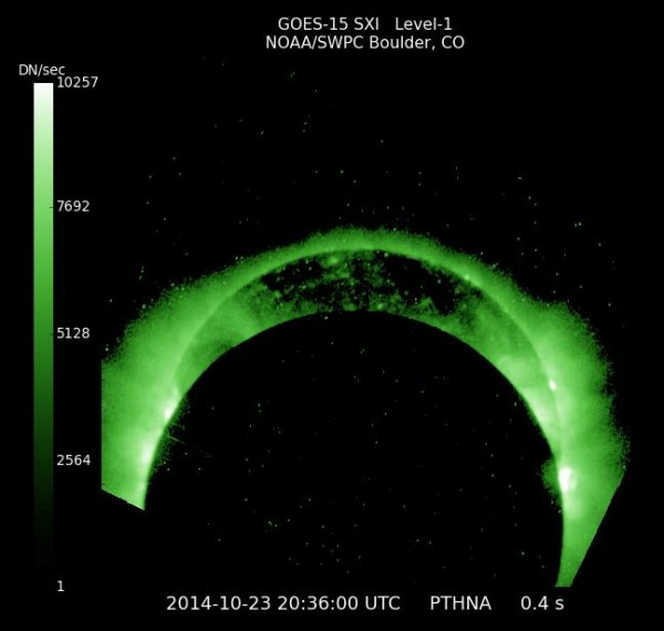 For Space weather followers, this is eclipse from NOAA GOES 15 SXI. GOES West. SXI= Solar X-ray Imager.  Via our friend Kelly Schenk on Facebook.  Thanks, Kelly.