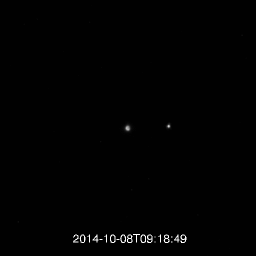 Earth and Moon from Mercury orbit, with Moon entering eclipse.  Imaged on Wednesday, October 8, 2014 by MESSENGER, a spacecraft in orbit around Mercury.